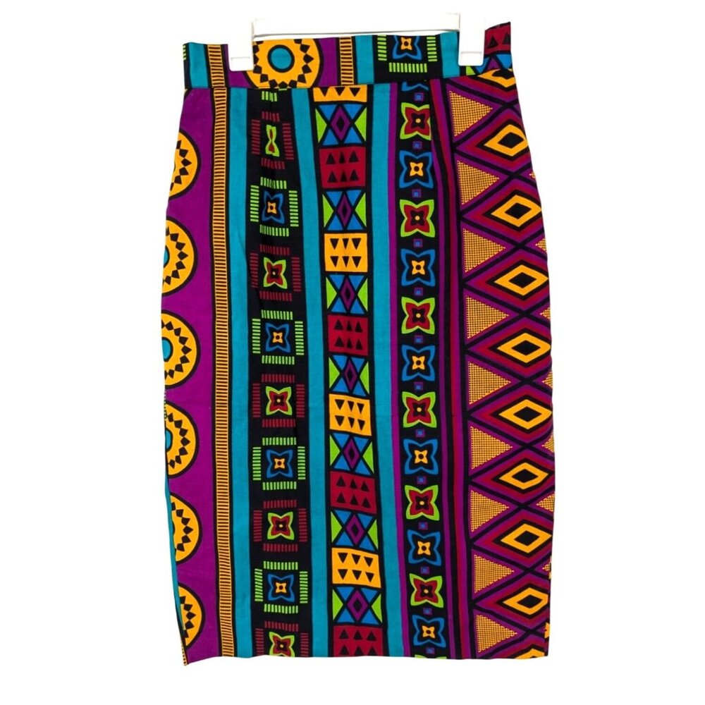 Geometric Tribal Print Midi Pencil Skirt Size M Boho Festival Statement Handmade